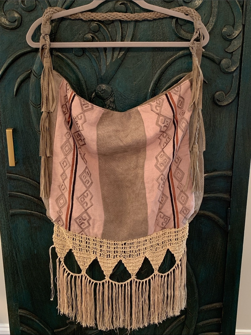 Free People Suede Leather Macrame Tassel Embroidered Tote Bag